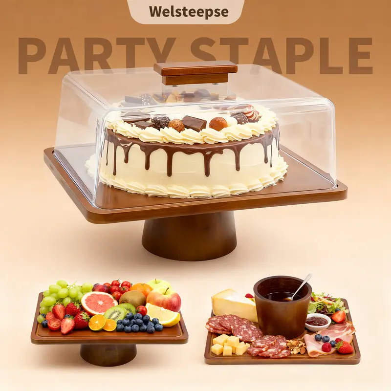 WELSTEEPSE Natural Bamboo Multi-Use Party Cake Stand with Acrylic Lid - Detachable, Eco-Friendly, Mildew-Proof, Antimicrobial 2-Sided Kitchen Fruit Bowl, Cheese Board for Chips, Dips, Veggies, Christmas Perfect Gift