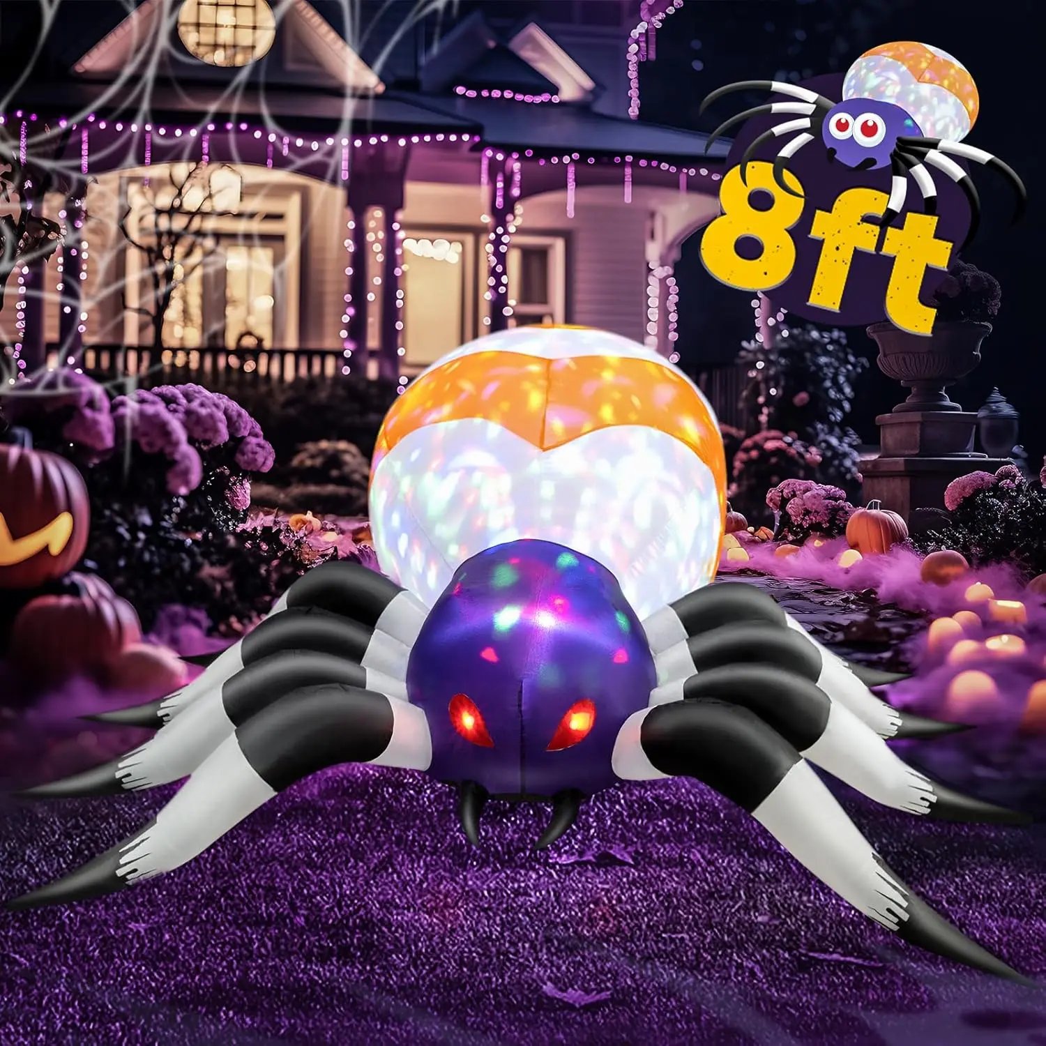 8 FT Halloween Decorations Outdoor Decor - LED Rotating Lights Inflatable Spider Blow Up Halloween Clearance Animated Giant Creepy Spider for Lawn Patio Yard Party Garden Decor