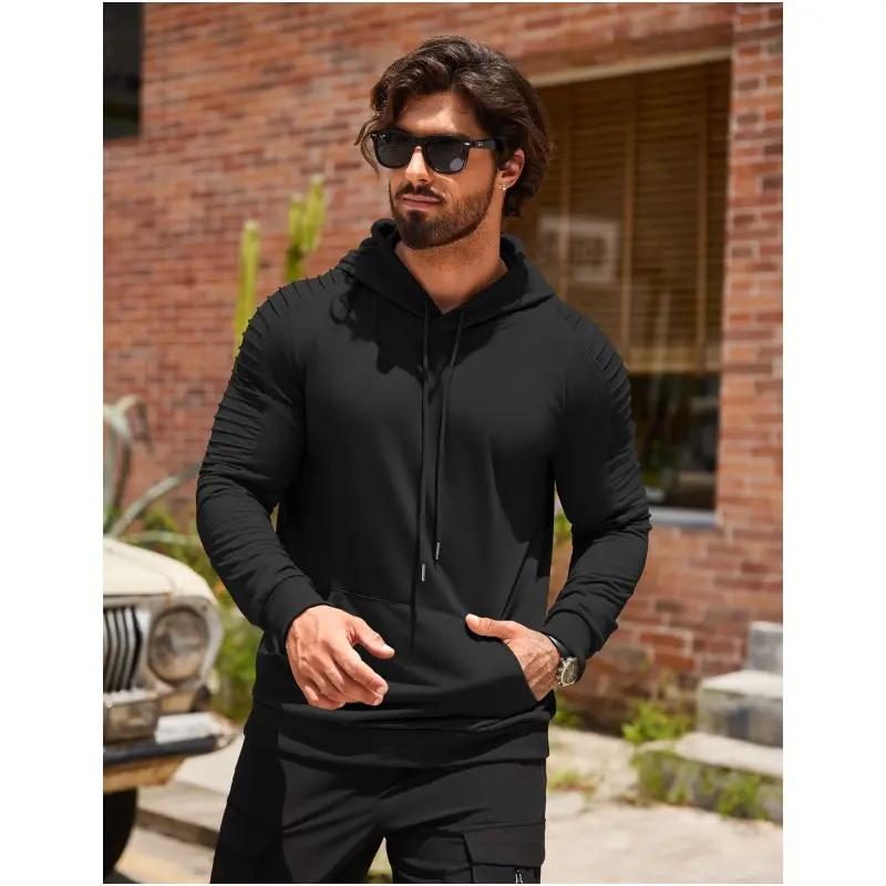Coofandy Men's Athletic Pullover Hoodie, Slim Fitted with Pleated Long Sleeves, Breathable Lightweight Fabric for Workouts