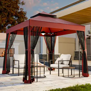 8 Ft. W x 8 Ft. D Steel Frame Vented Soft Top Patio Gazebo with Mesh Netting, Corner Shelves