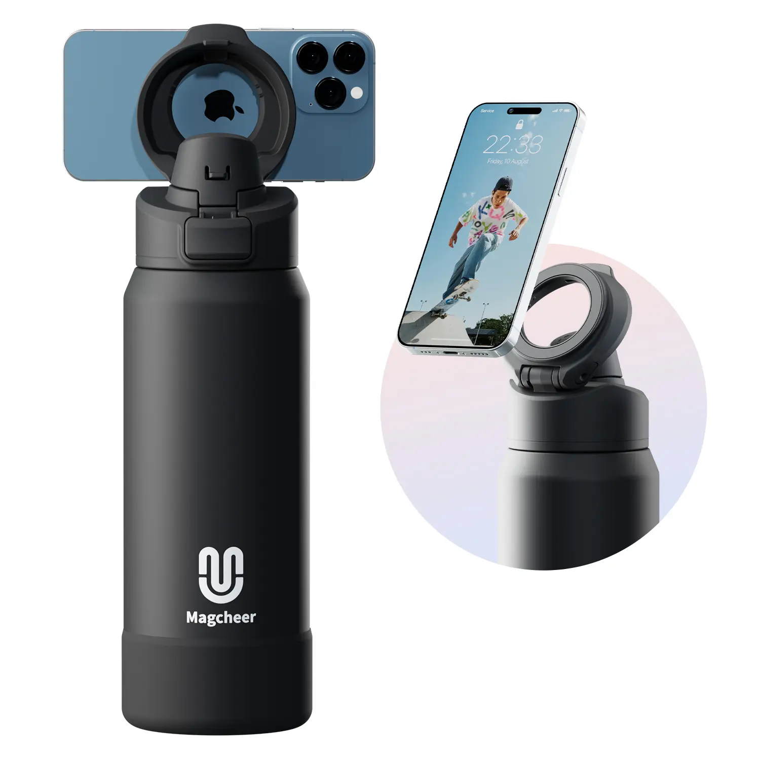 Insulated Magnetic Water Bottle - Reusable Stainless Steel Bottle with MagSafe Compatible Phone Holder - Keeps Cold for 24 Hours - Perfect for Gym, Sports, and Travel