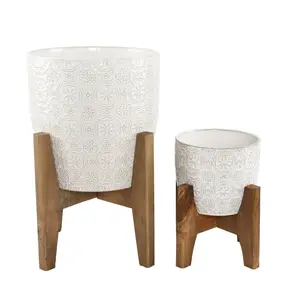 Flora Bunda CT1299E2-WH 10 in. & 6.6 in. White Cathedral Ceramic Planter on Stand - Set of 2