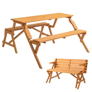 summervibes Karlhome 2-in-1 Outdoor Wooden Picnic Table and Bench Set with Umbrella Hole – Convertible Design for Garden, Patio, Porch, Deck – Natural Wood