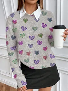 Casual style round-neck multi-color heart-printed long-sleeved knitted fitted sweater Fashion Casual Top Lady Knitwear Womenswear. Suitable for autumn and winter seasons. It is both casual and elegant, and can be worn for commuting, layered or worn alone.
