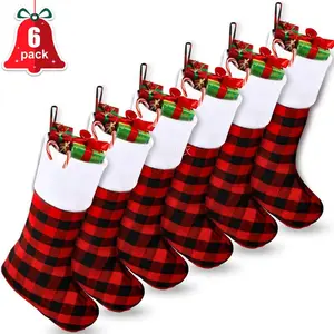 New6pcs Large Christmas Stockings - Extra Long 18x11 Inch Red & Black Plaid Stockings with Hanging Hooks, Heavy-Duty Fabric Holiday Decorations for Xmas, New Year's, Parties - Candy, Gift, Ornament Storage - Classic Christmas Decorations, Seasonal Home De