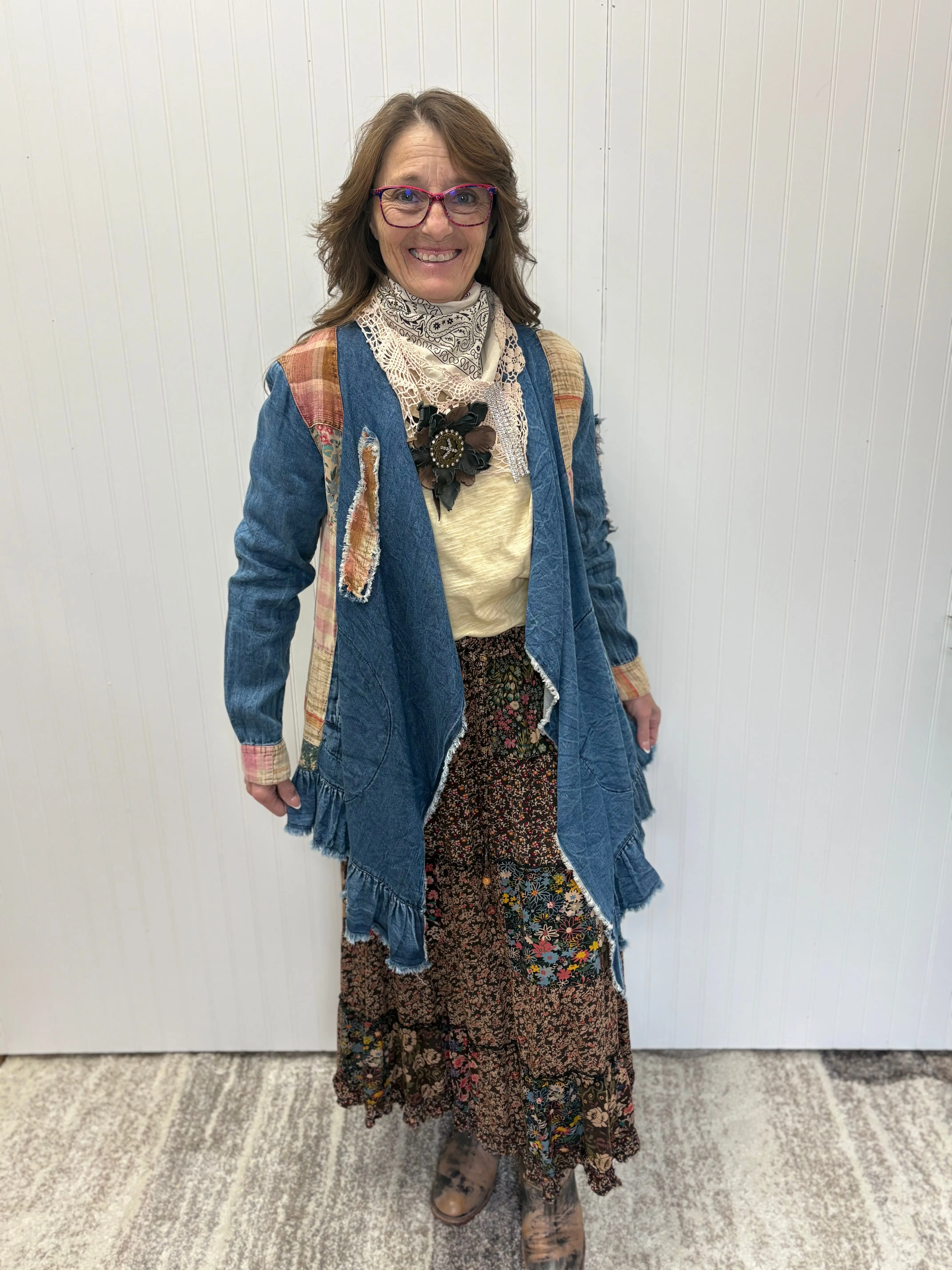 Western Boho Chic: Patched Denim Shrug by Young Threads