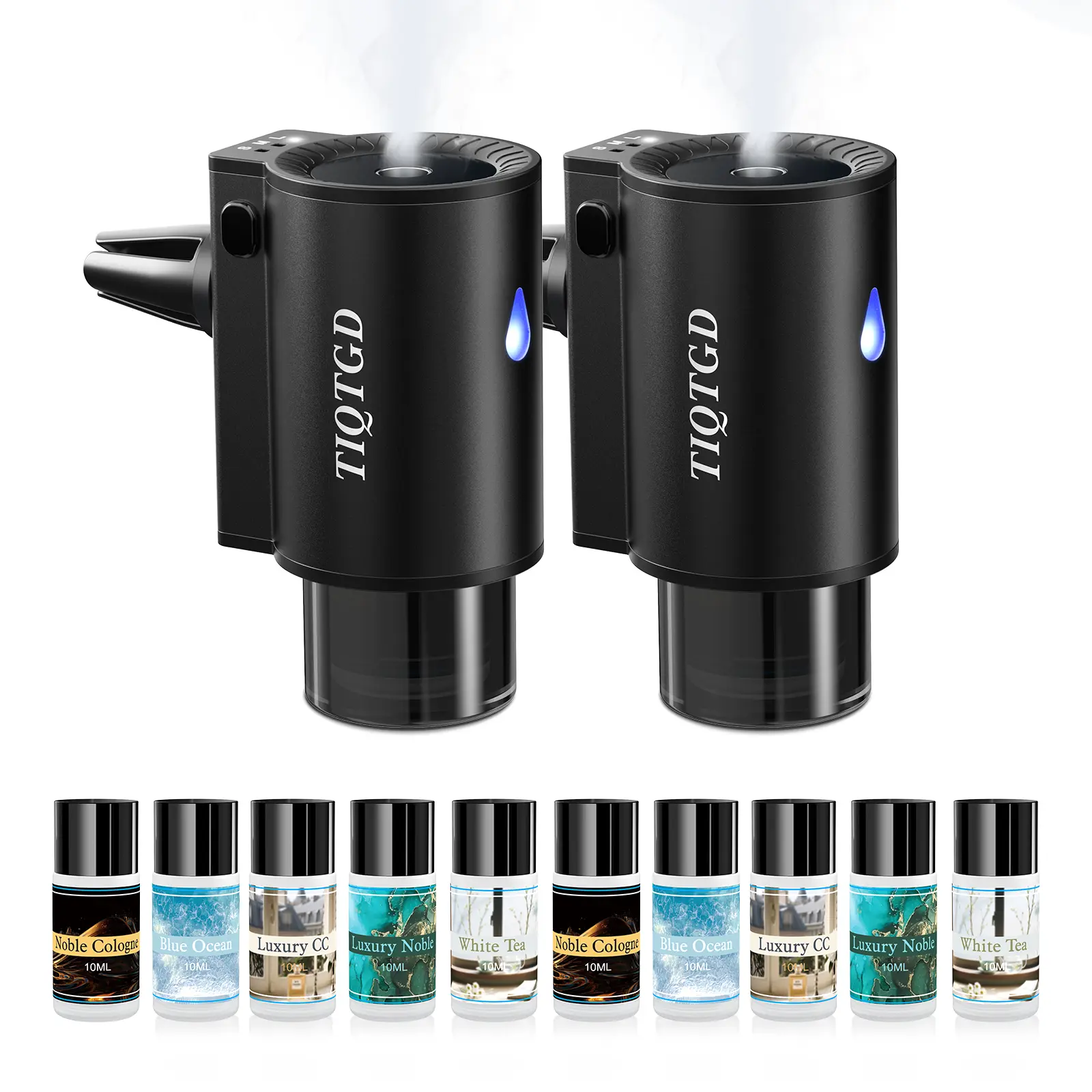 TIQTGD 2-Pack Rechargeable Smart Car Air Freshener Diffuser - Car Accessories with 3 Smart Modes, Auto On/Off, Built-In Battery, 10pcs Essential Oils (5 Scents: Woody, Aquatic), Long-Lasting Automotive Aromatizer