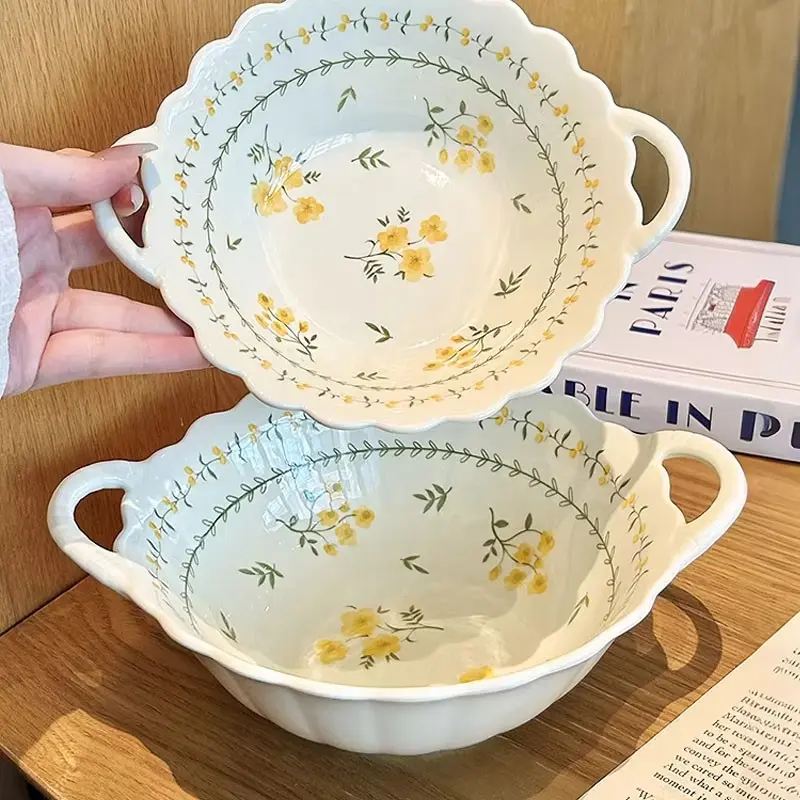 2 pieces of 9.25-inch double-handled soup bowls, Nesting Ceramic Salad Bowls, Bowl Set, with small yellow flower patterns, light yellow, cute, practical and versatile, suitable for various foods, ideal for spring, and microwave-safe