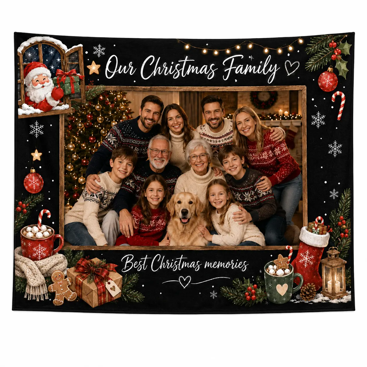 Custom Christmas Family Photo Tapestry - Personalized Polyester Hangable Holiday Wall Backdrop with Santa Window, Snowflakes, Gifts, Hot Cocoa, Pet Photo Option - Festive Room Decoration for Grandparents, Home Wall Hanging Decor, Room Decorations