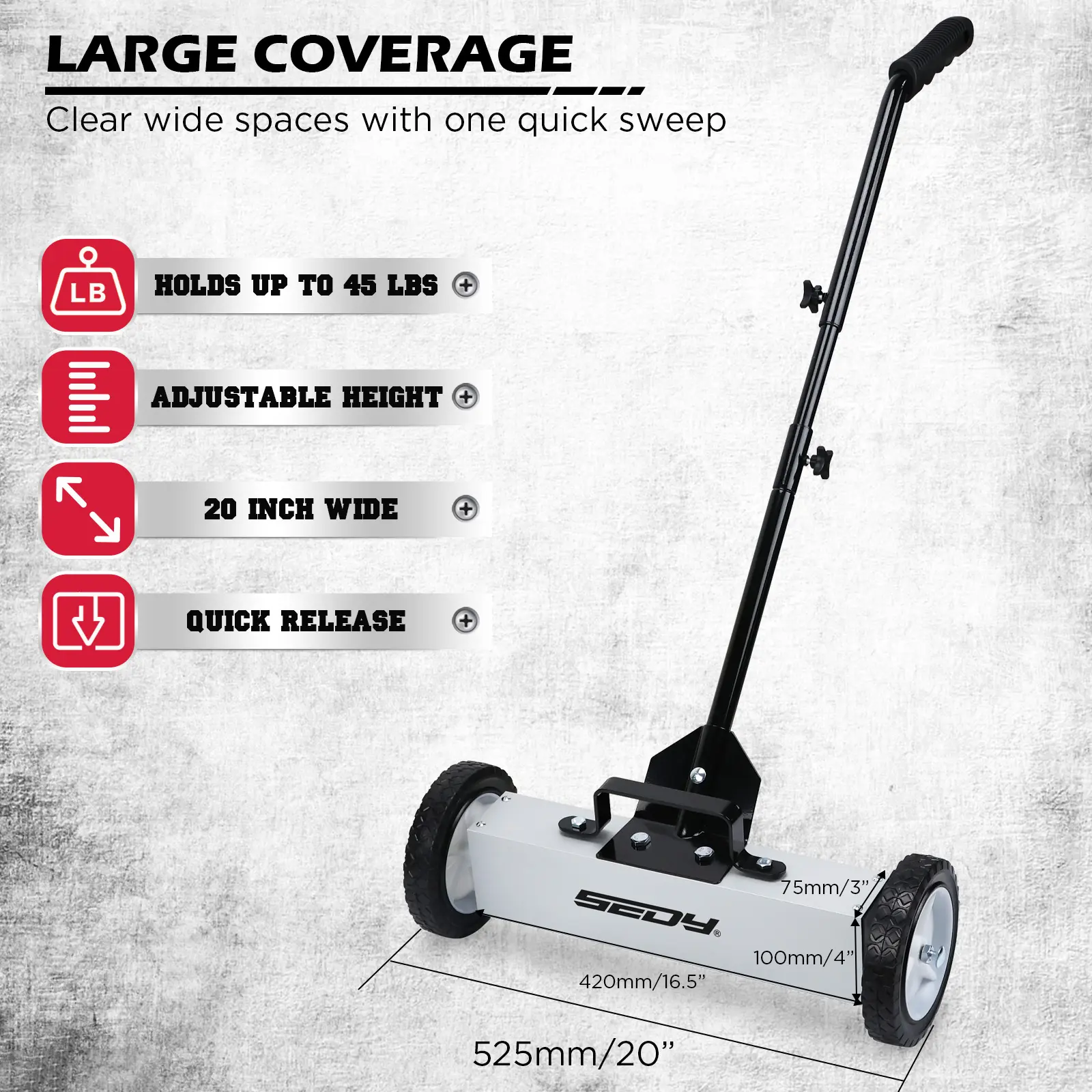 18-Inch Rolling Magnetic Sweeper with 9.5-inch Magnetic Trays, 45-Pound Capacity Telescoping Magnetic Pickup Lawn Sweeper, Adjustable Handle Pick-up Sweeper for Nails, Screws Workshop Garage Yard