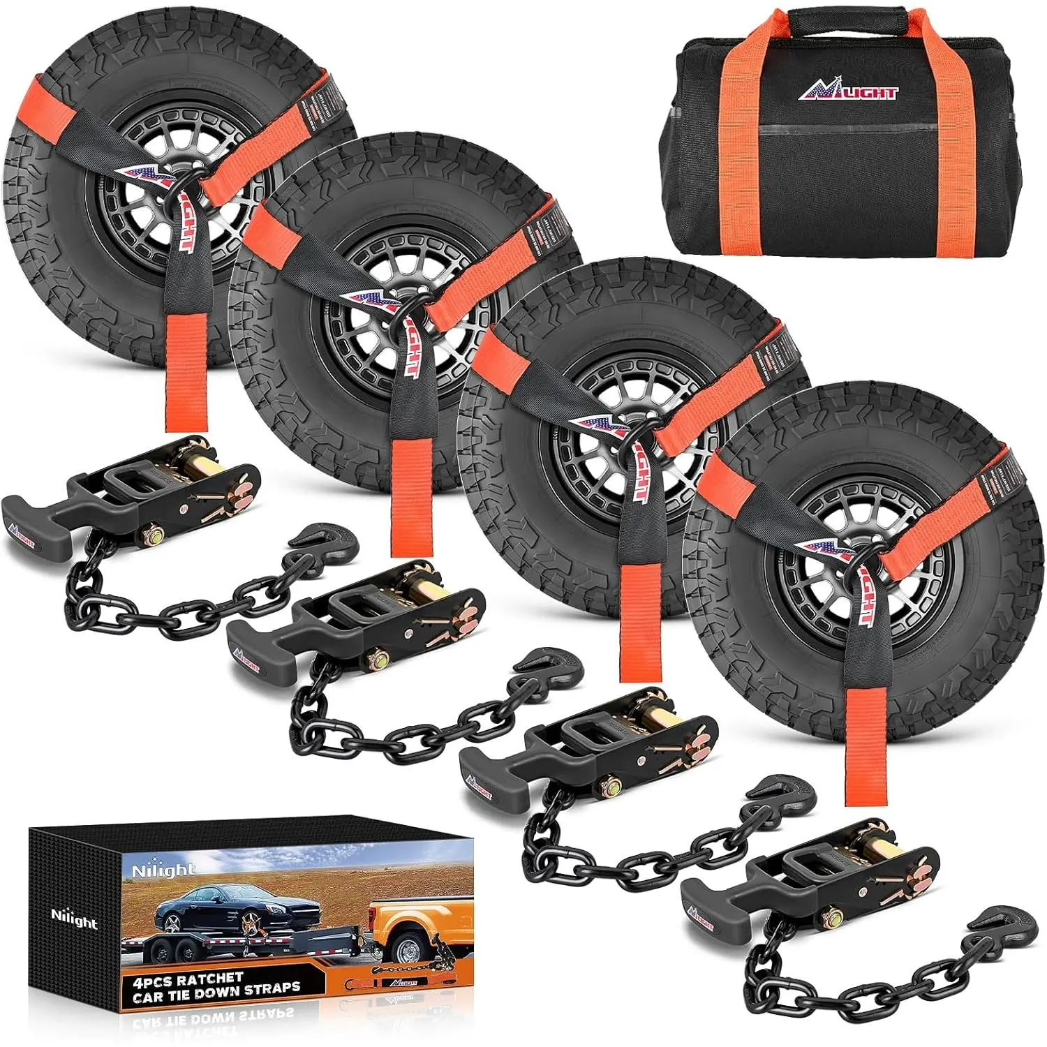Nilight Heavy Duty Car Tie Down Straps, 4-Pack 2in x 96in Adjustable Lasso-Style Wheel Straps with Chain Hook Anchors (3,674 lbs SWL), Truck Accessories, Storage Bag Included for UTV, Orange, Heavy Duty Straps,car accessories