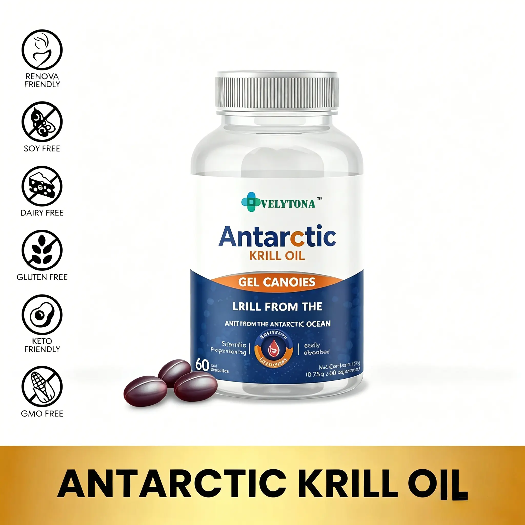 VELYTONA Krill Oil Supplement with EPA & DHA Omega 3,Phospholipids & Astaxanthin from Antarctic Krill Highest Concentration of Krill Oil for Men & Women - 1000mg, 60Softgel Capsules