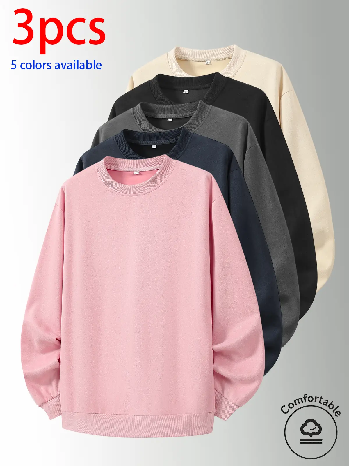 3-pack: men’s crewneck sweatshirt, men’s long-sleeve top, men’s pullover sweatshirt.Loose, comfortable fit; no print design; minimalist options available. Versatile for home, everyday casual wear, outdoor sports, campus, work, and commuting; suitable for