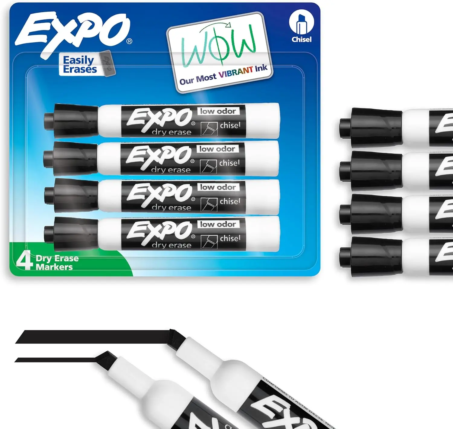 Dry Erase Markers 4 Count, Low Odor Black Ink Whiteboard Markers with Chisel Tip, Quick Dry Erase Pens for School, Office, Classroom, Teachers, Calendars, Planners and Organization Supplies
