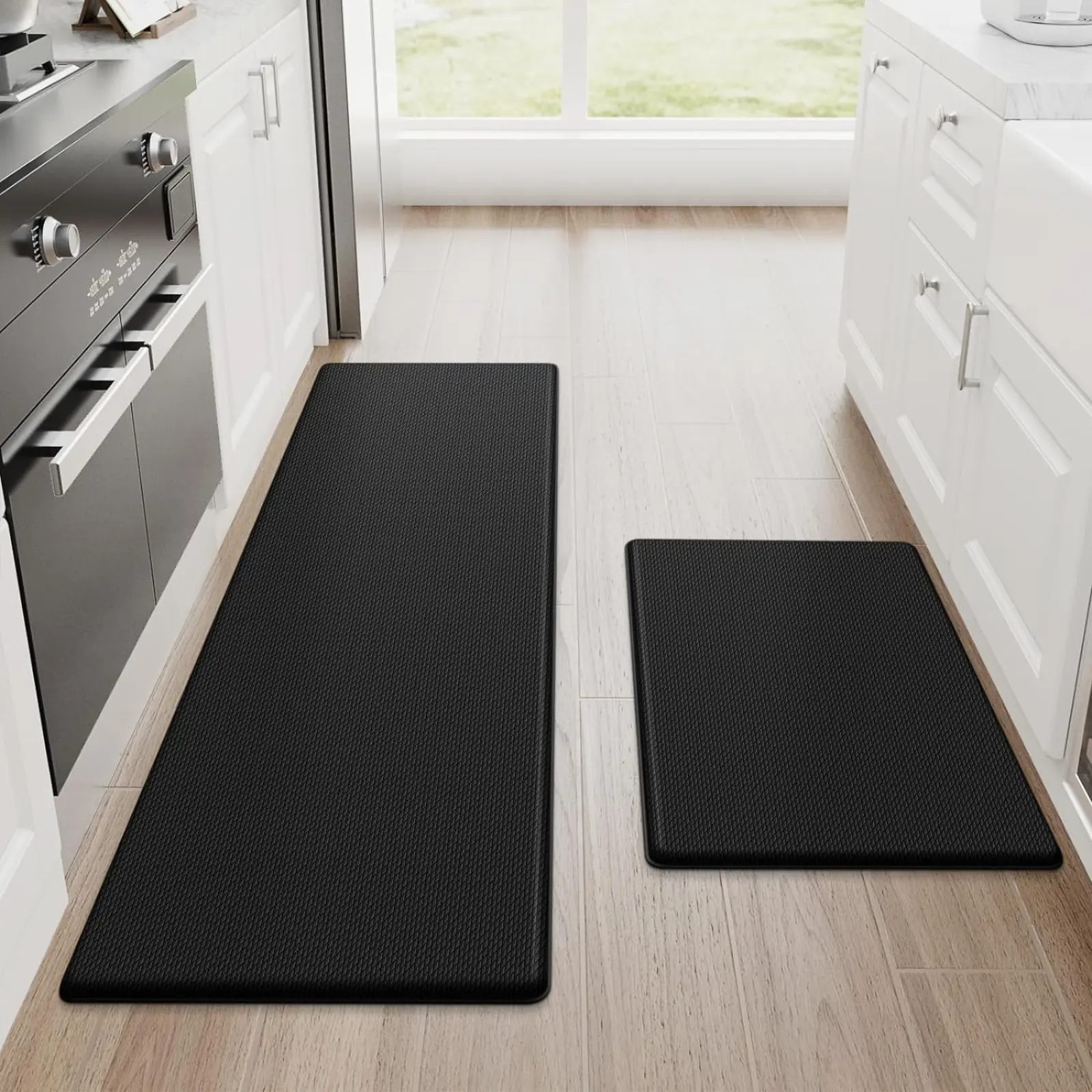 Kitchen Mats 2PCS Solid Black Cushioned Anti Fatigue Rugs Non-Slip Standing Desk Mat Waterproof Set 17.3"x30"+17.3"x47" for Kitchen Floor Office