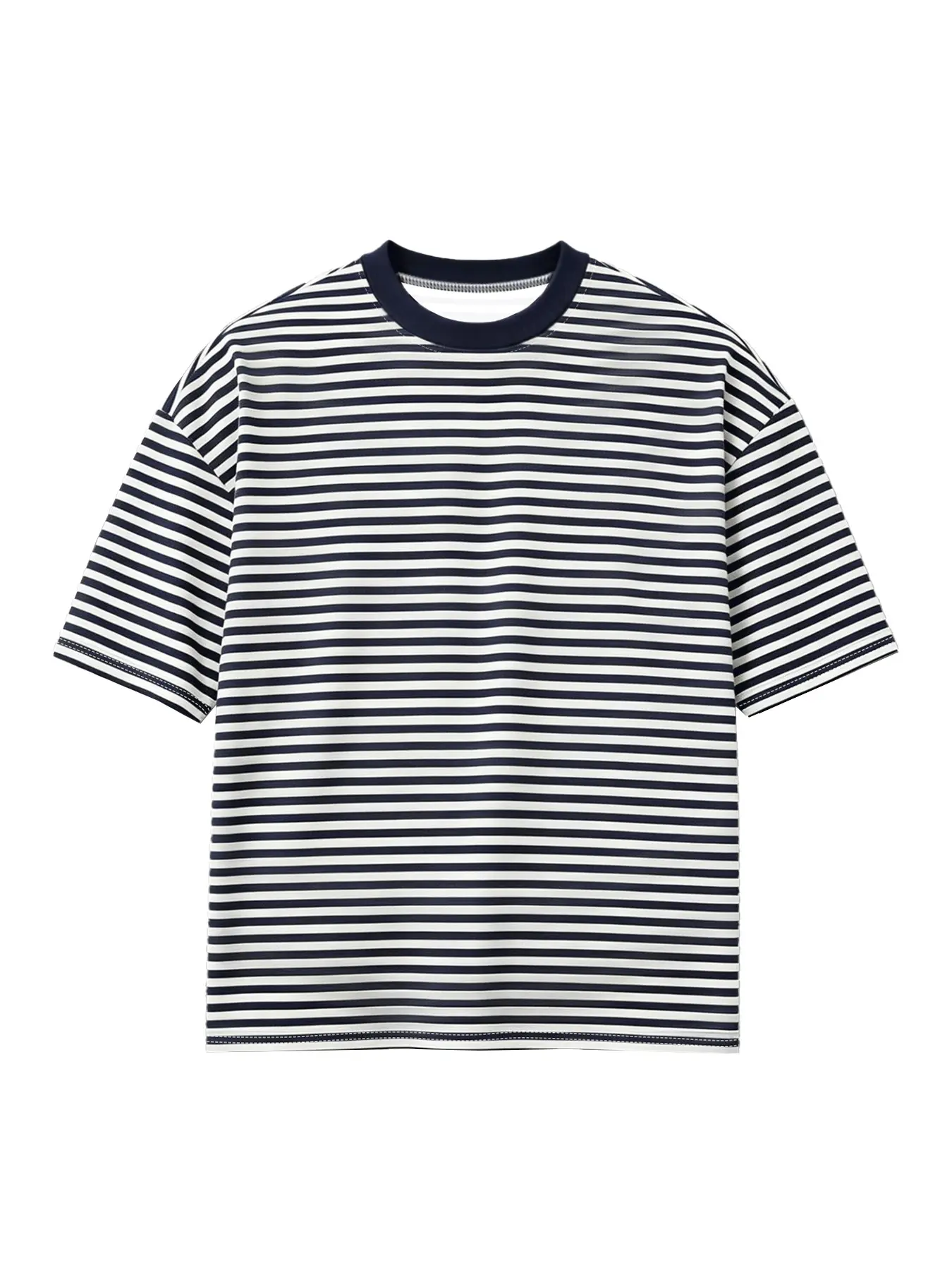 Men's Navy White Striped T‑Shirt, Streetwear Oversized Crew Neck Top, Nautical Preppy Aesthetic & Classic Horizontal Stripe Design, Versatile Basic Casual Tee for Men, Menswear