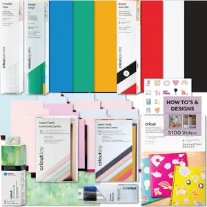 Cricut Deluxe All-in-One Materials and Accessories Bundle - 45+ Piece Beginner Sampler Material Kit for Cricut Joy Xtra Cutting Machines - Vinyl, HTV, Card Making Packs, Pens and Sticker Paper