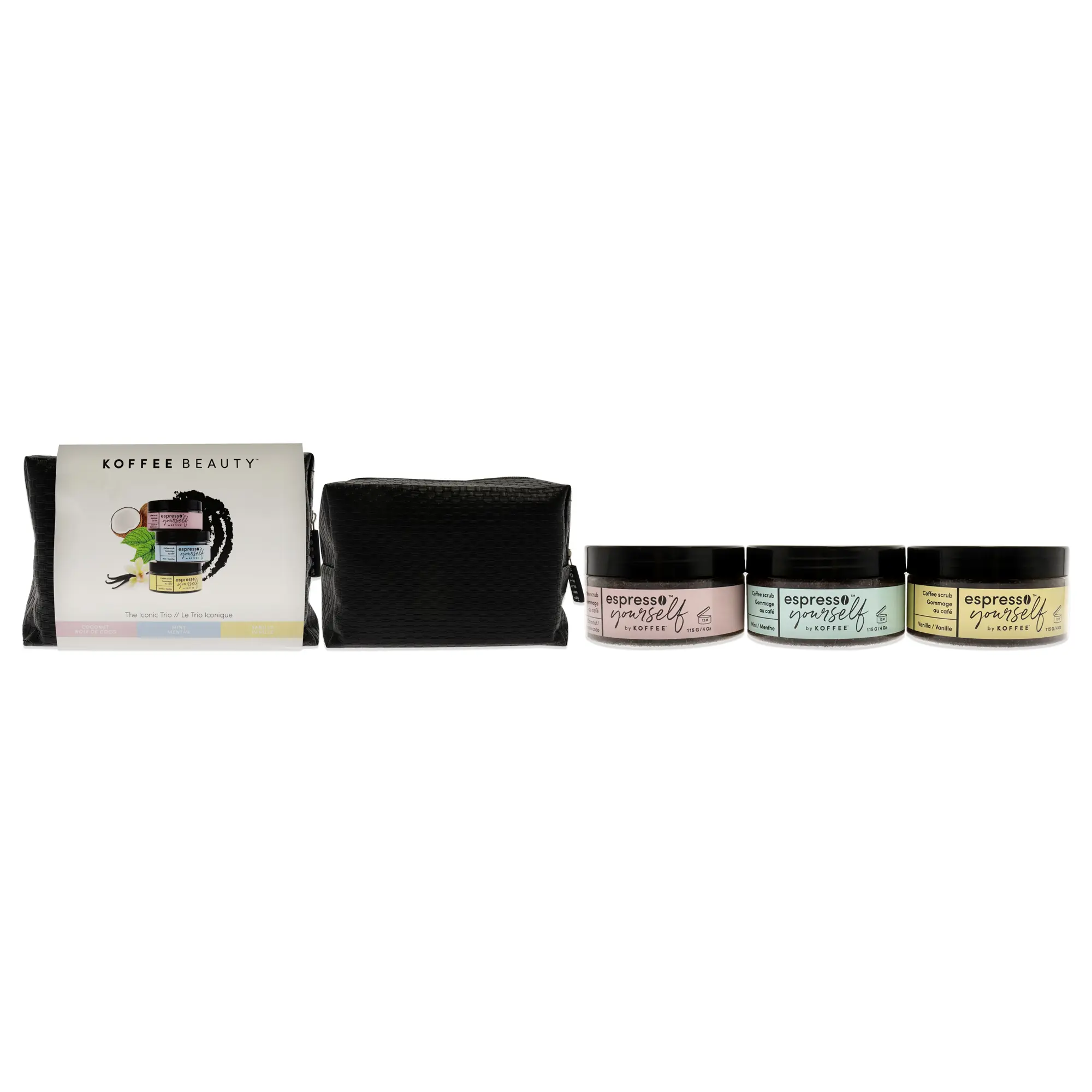 Koffee Beauty Espresso Yourself Iconic Trio - Exfoliating Body And Face Scrub Set - Polish And Smooth Skin With Ease - Invigorate Senses With Coconut, Vanilla, And Mint Fragrance Formula - 3 Pc
