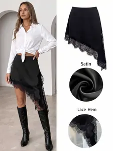 Black Satin Lace Midi Skirt Women Asymmetrical High Waisted Fitted Slip Skirt Elegant Aesthetic Bodycon Lace Hem Silk Skirt Date Night Party Chic Going Out Skirt Fit