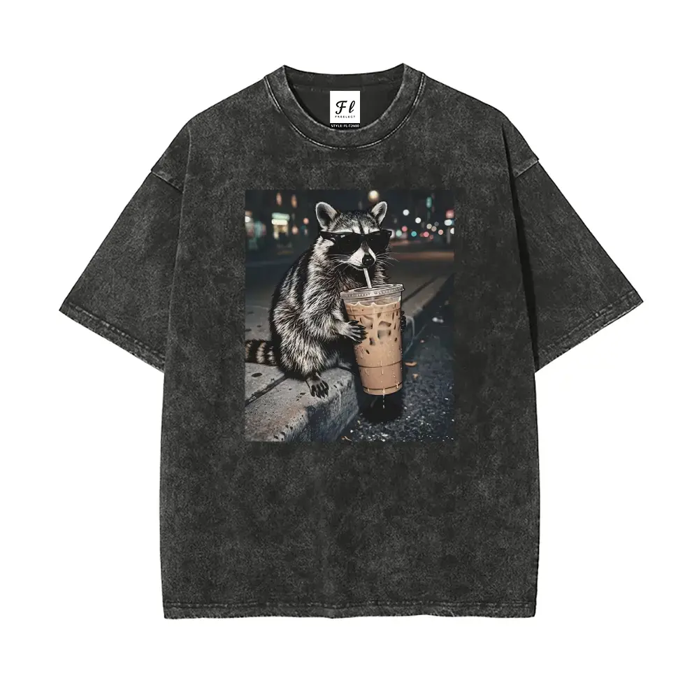Men's Graphic T-Shirt, Vintage Raccoon Print Short-Sleeve Top, Oversized Loose-Fit, Buttery Soft Stone-Wash Cotton, Plus Size S-5XL, Shortsleeve, Menswear, Men's T Shirts, Basic Tee, Crew Neck