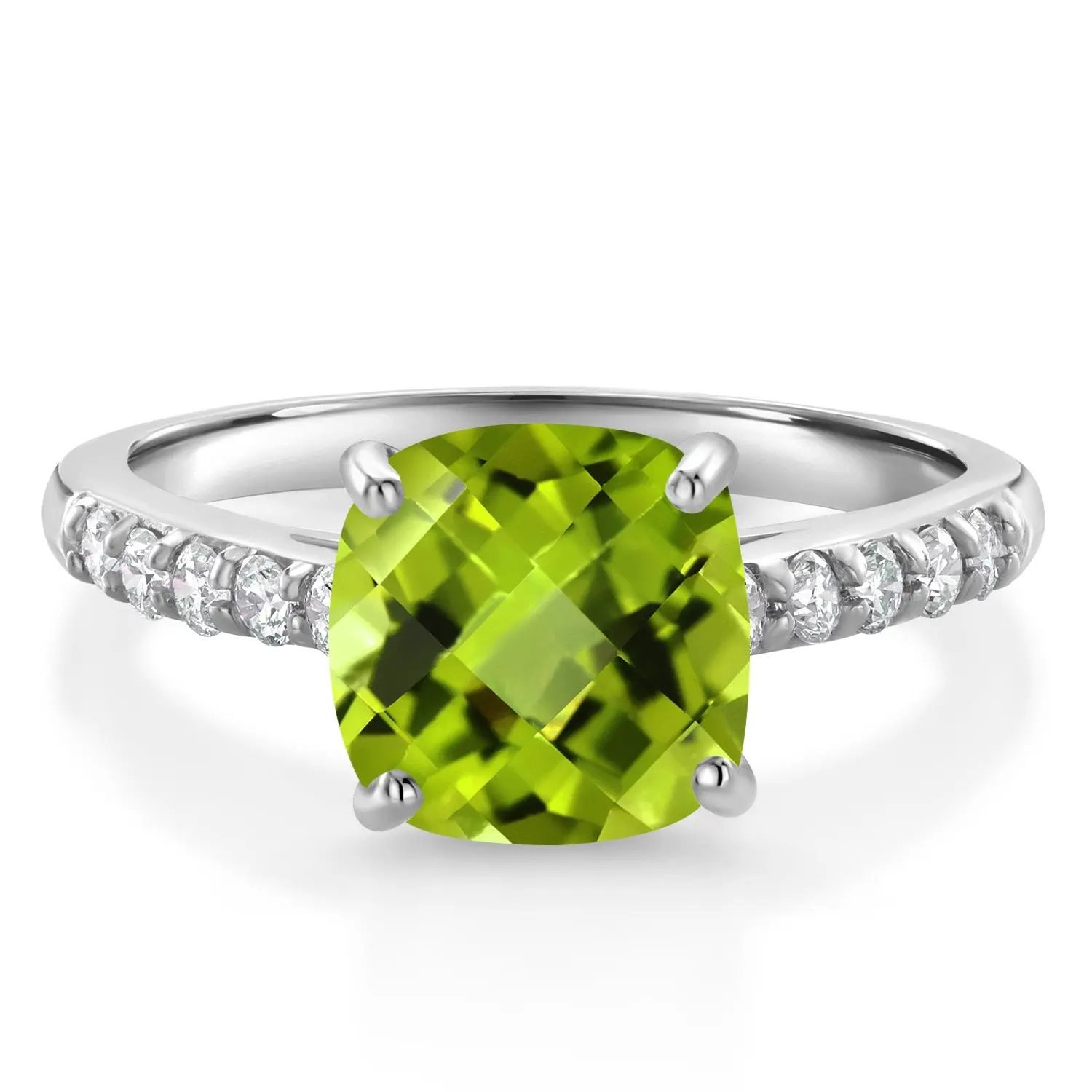 10K White Gold Green Peridot and White Lab Grown Diamond Engagement Ring For Women (2.70 Cttw, Cushion Checkerboard 8MM, Gemstone August Birthstone)