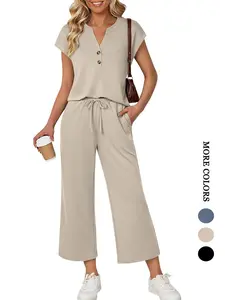 Women's Summer Casual 2-Piece Set, Short Sleeve Button Top & Elastic Waist Pants, Breathable Fabric, Home Wear, Daily