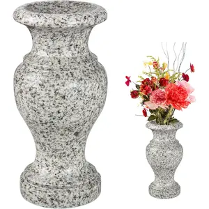 Cemetery Vase, Turned Vase Polished, Memorial Stone Vases with Draining Holes for Home Tabletop, Cemetery Flowers, Grave Headstone Decorations (1pc, Grey)