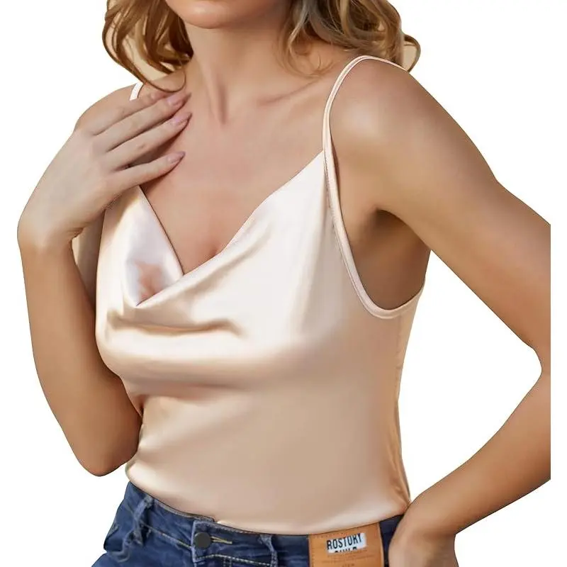 Women's Silk Tank Top Ladies V-Neck Camisole Silky Loose Sleeveless Blouse Satin Tank Shirt Womenswear Basic Black Fitted Minimalist Short Spaghetti Strap tubetops