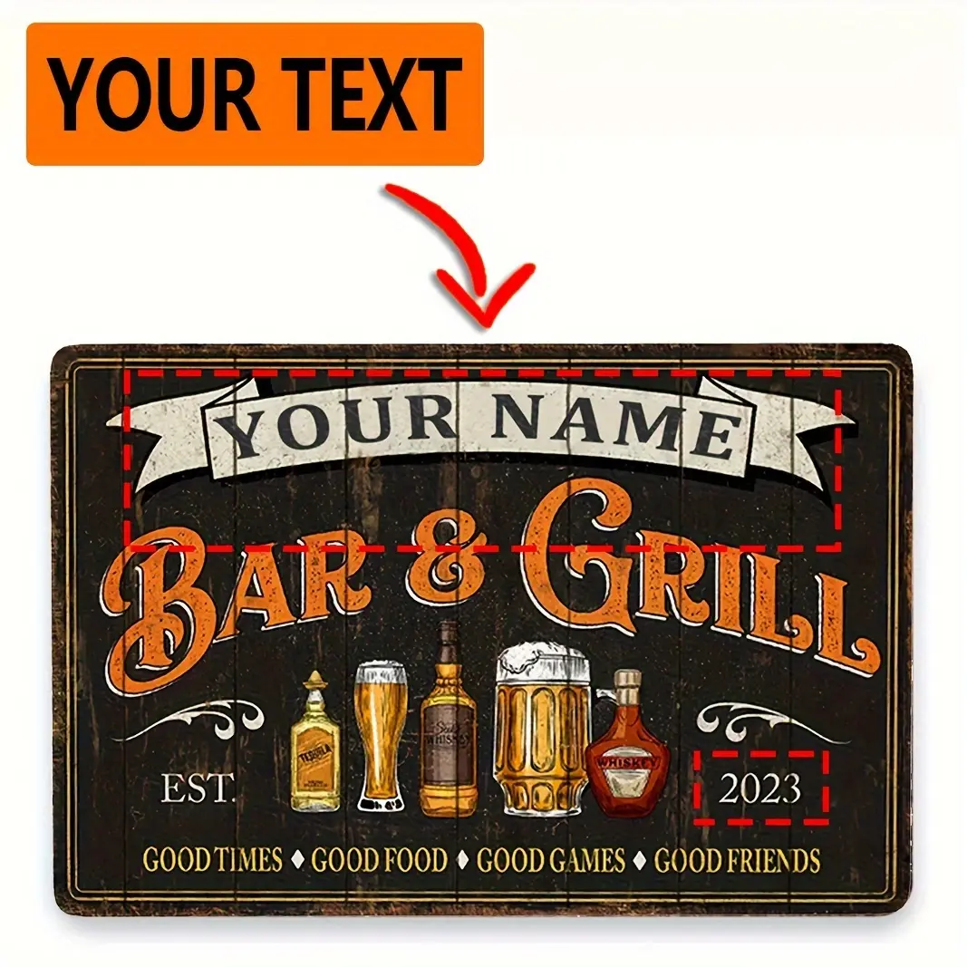1pc Metal Sign, Customized Name Text, Personalized Bar And Barbecue Sign, Outdoor Bar, Home Bar Decoration, Backyard Bar, Gift For Dad, Aluminum Sign, 8x12 Inches, Garden Decor, Home Decor, Wall Decor