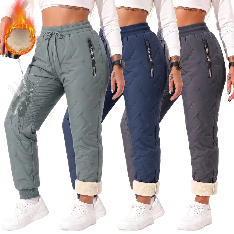 JOGWAVE Women's Mid-Waist Comfy Pants - 3PCS Fleece-Lined Polyester Full-Length Loose-Fit Winter Bottoms with Zip Pockets, Women's Pants Multi Pack for Everyday & Outdoor Activities, Christmas Gift