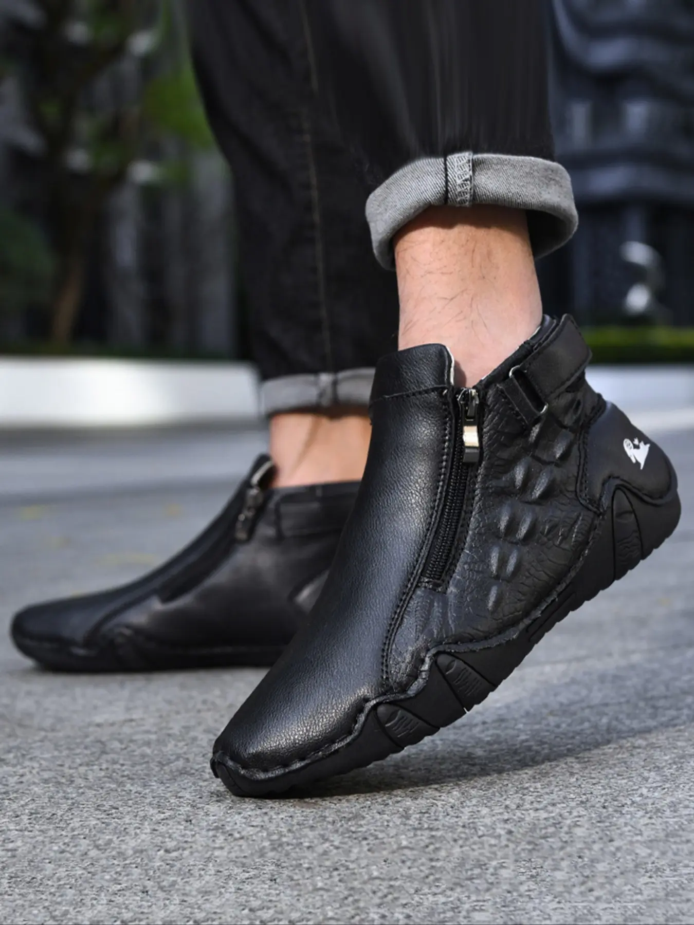 Men's Outdoor Hiking Boots, Fall Winter Vintage Ankle Booties, Side Zipper Design, Microfiber Leather, Rubber Sole, Casual Style