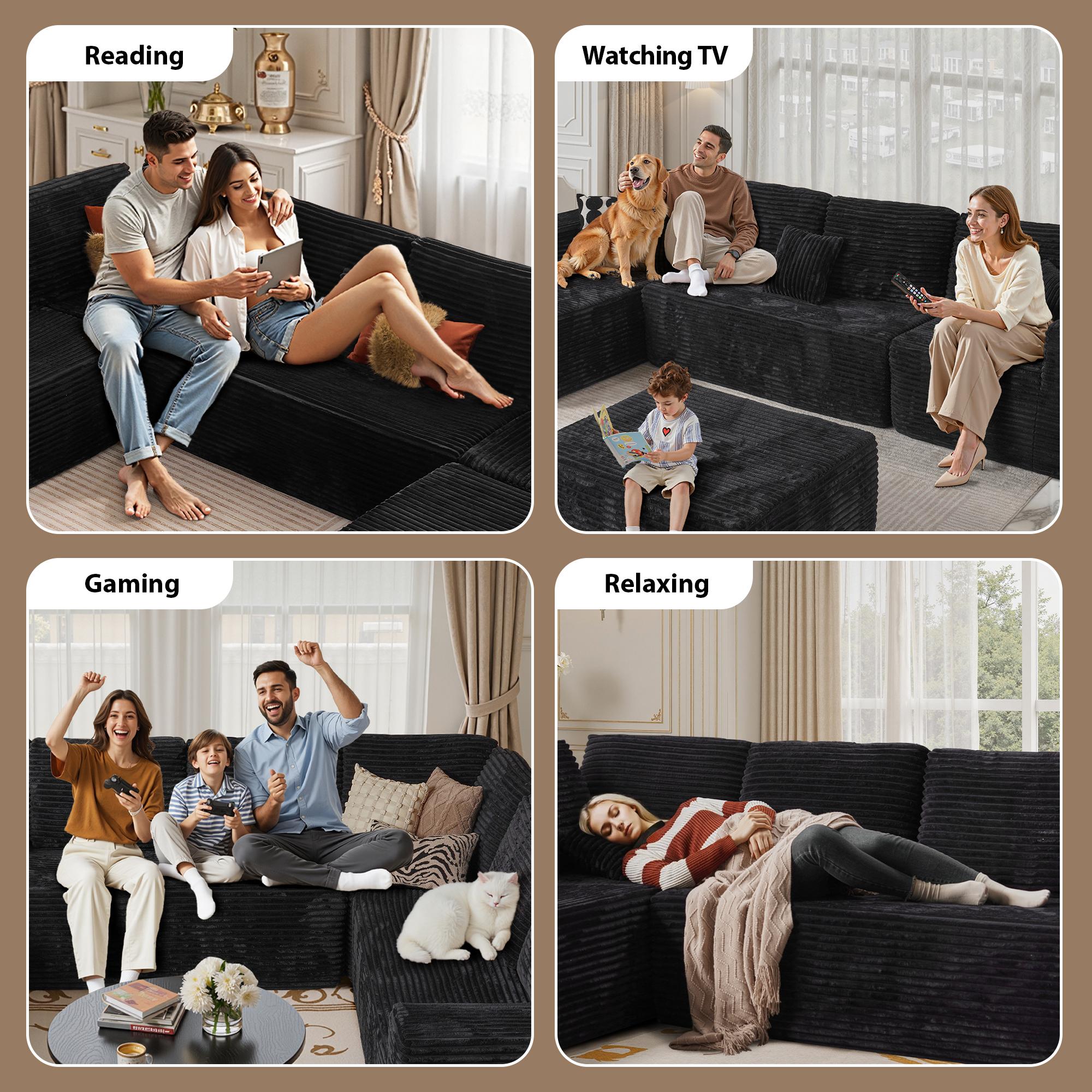【5 Packages shipping】G/U/L-Shape Modular Sectional Couch Sofa, Compressed Plush Corduroy, Modern Sleeper Sofa for Living Room, Space-Efficient Design-Convertible Sectional Couch