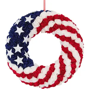 13.3 Inch Patriotic Roses Wreath for Front Door, 4th of July Memorial Day Handcrafted 3-Layer Foam Flower Wreath, Red White Blue Americana Decor with Metal Stars, Indoor Outdoor Home Porch Wall