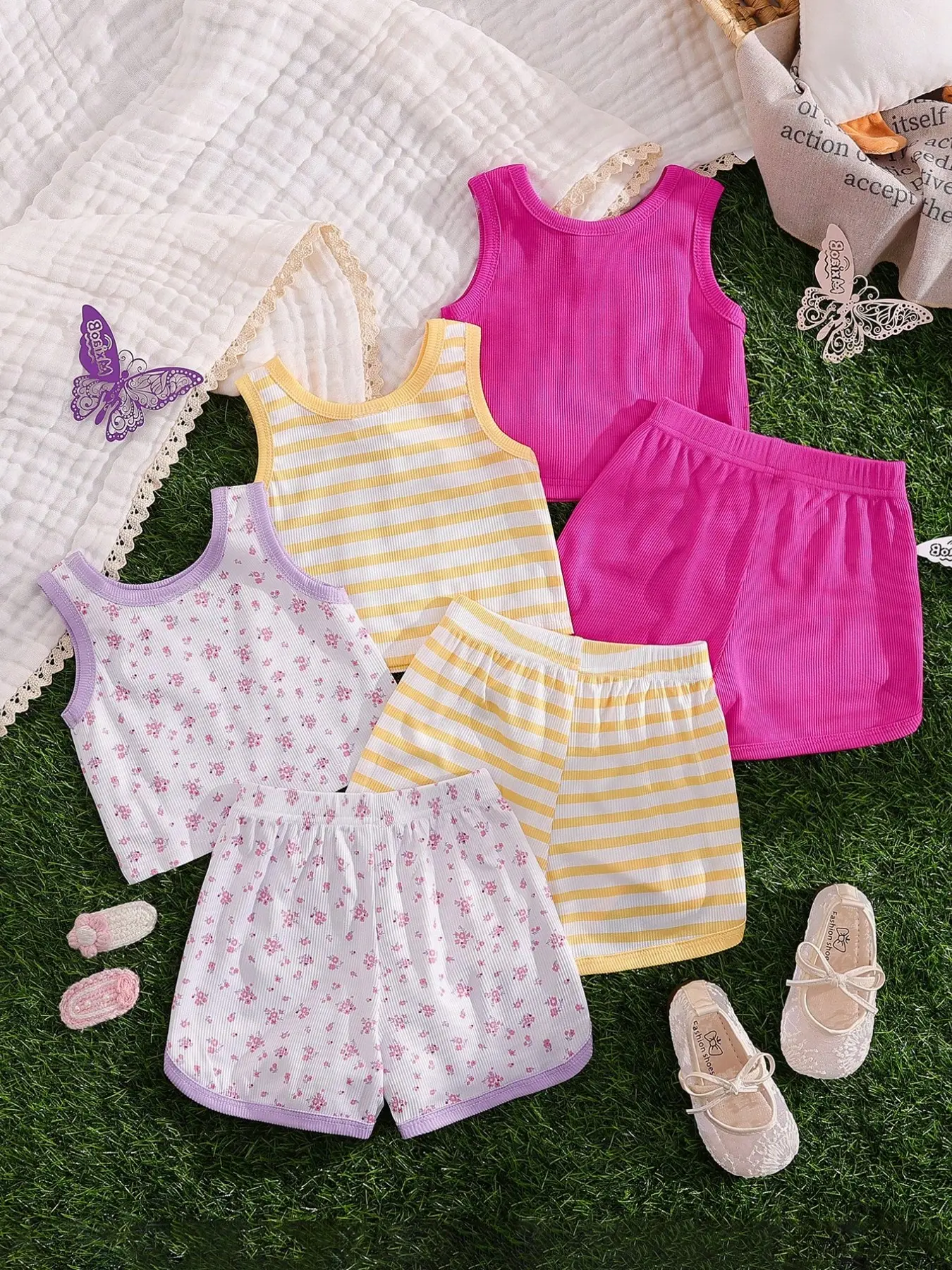 3 Sets (6 Pieces) Toddler Girls' Knit Fabric Tank Top and Shorts Set Striped Floral Print Solid Casual Outfit for Spring Summer Outdoor Play, Ideal Gift, Baby Clothing