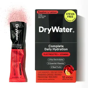 DryWater Complete Daily Hydration (12 Pack) - Raspberry Lemon. 6 Electrolytes + 5 Vitamins + 1 Amino Acid. No Added Sugar, No Stevia, Real Fruit, Vegan, Gluten Free - (12 Stick Packs)