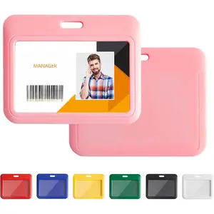 1 Pack Sliding Horizontal ID Badge Holder Hard Pink Plastic Card Case Protector Pouch with Clear Window for Office School ID Credit Cards and Proximity Key Cards