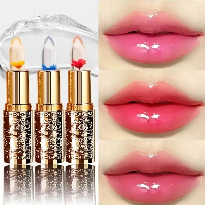 Flower-Shaped Crystal Gel Lipstick, Cosmetic, Heat-Activated Color Change, Moisturizing Hydrating Non-Sticky Glossy Formula, Glossy Juicy Lip, 3 Shades, Long-Lasting Non-Fading Lip Gloss, Hydrate