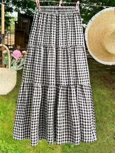 Women's Vintage Striped Casual Elegant Chic Layered Midi Skirt, High Waist Loose-Fitting Plaid Skirt for All Seasons, Flowy Tiered Skirt