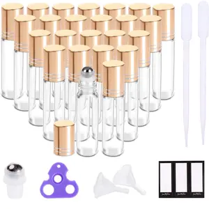 PrettyCare Essential Oil Roller Bottles 10ml (24 Pack Clear Glass Bottle with Gold Cap, 4 Extra Roller Balls，48 Labels, 2 Openers, 2 Funnels Roller Balls For Essential Oils, Roll on Bottles