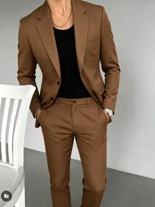 Men's Slim-Fit Blazer Suit Pants Set, High-Density Wrinkle-Resistant Fabric, Business Casual, All Seasons, Plain Pattern, Versatile Formal Wear, Suit Jacket Trousers