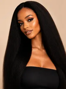 Assured  V Part  250% Density  Kinky straight  Wigs  Human Hair For Women Wear&Go Upgrade U Part Wig Natural Black Brazilian Hair  with Adjustable straps and drawstring  beginner-friendly