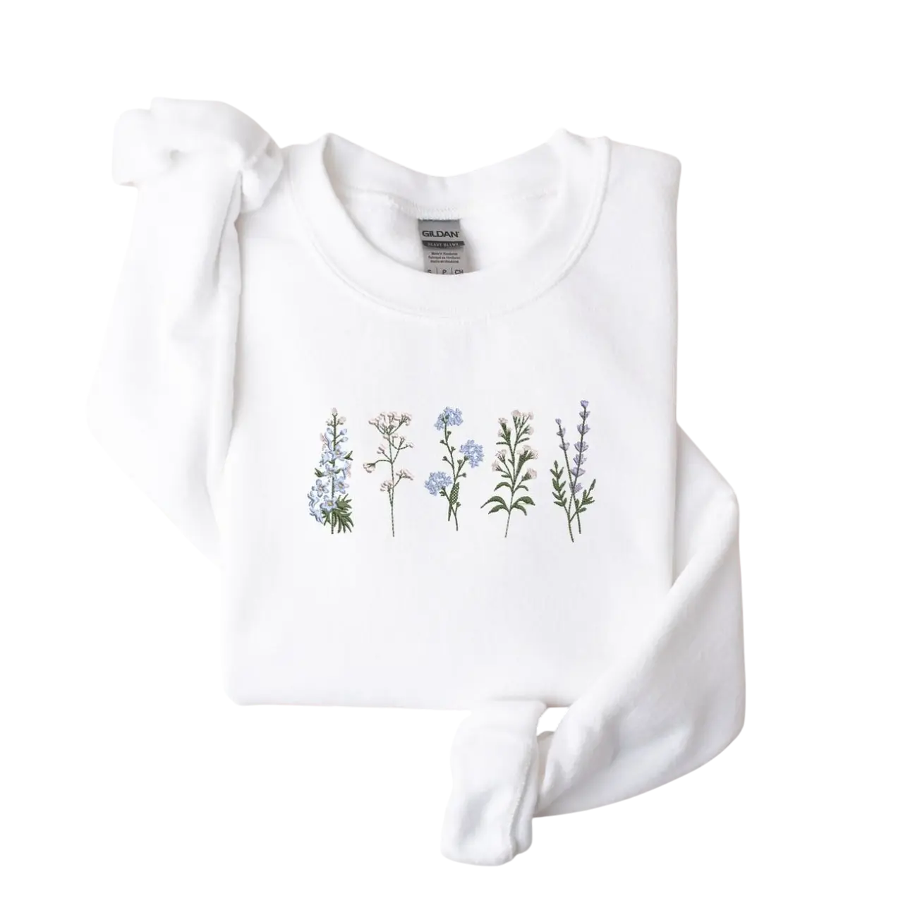 Embroidered Wildflowers Sweatshirt Cotton Crewneck, Floral Unisex Womenswear Embroidery, Botanical Athletic Long Sleeve Tops Streetwear