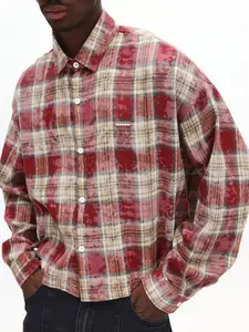 1pc Men's Vintage Y2K Plaid Flannel Shirt Drop Shoulder Casual Stylish Loose Fit Cropped Long Sleeve Shirt Red Check