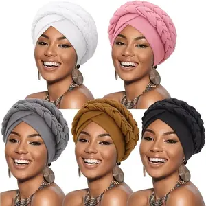 5Pcs Stylish Turban Caps with Twisted Headscarves And Double Braids for Women - Ideal for Daily Wear And Formal Occasions, Great for Gifting