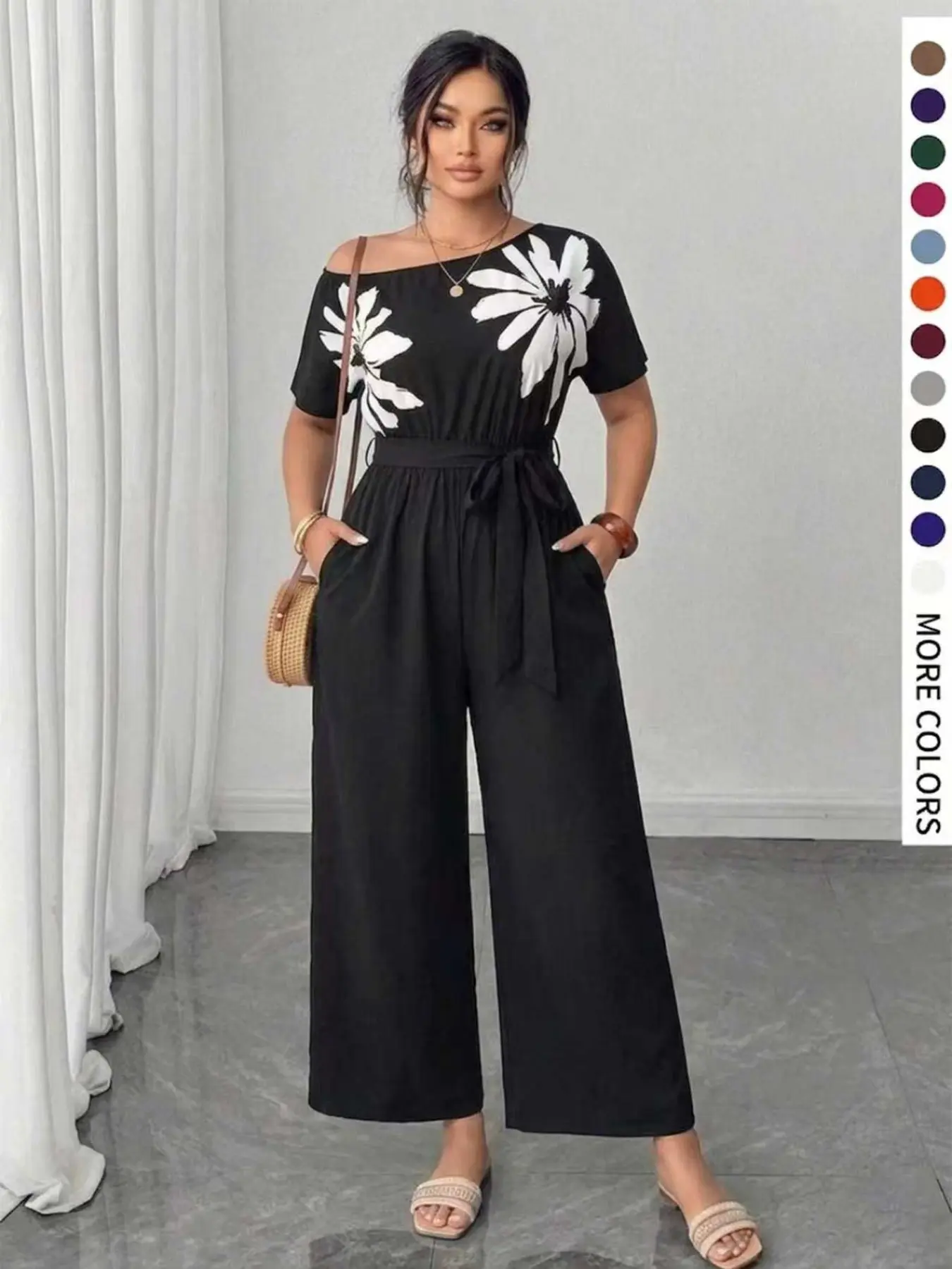 Plus Size Women's Casual Jumpsuit, Short Sleeve, High Waist, Belted, Pocket Design, Plant, Comfortable and Stylish, Perfect for Daily Wear, Womenswear