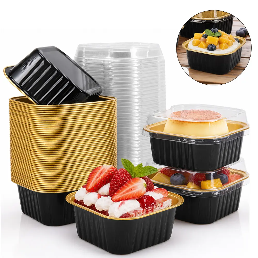 100 Pcs Mini Square Baking Cups with Lids,10oz Aluminum Foil Mini Cake Pans with Lids,Disposable Ramekins Cake Pans,300ml Dessert Cups Cupcake Pans for Wedding Birthday Party,Blackgold