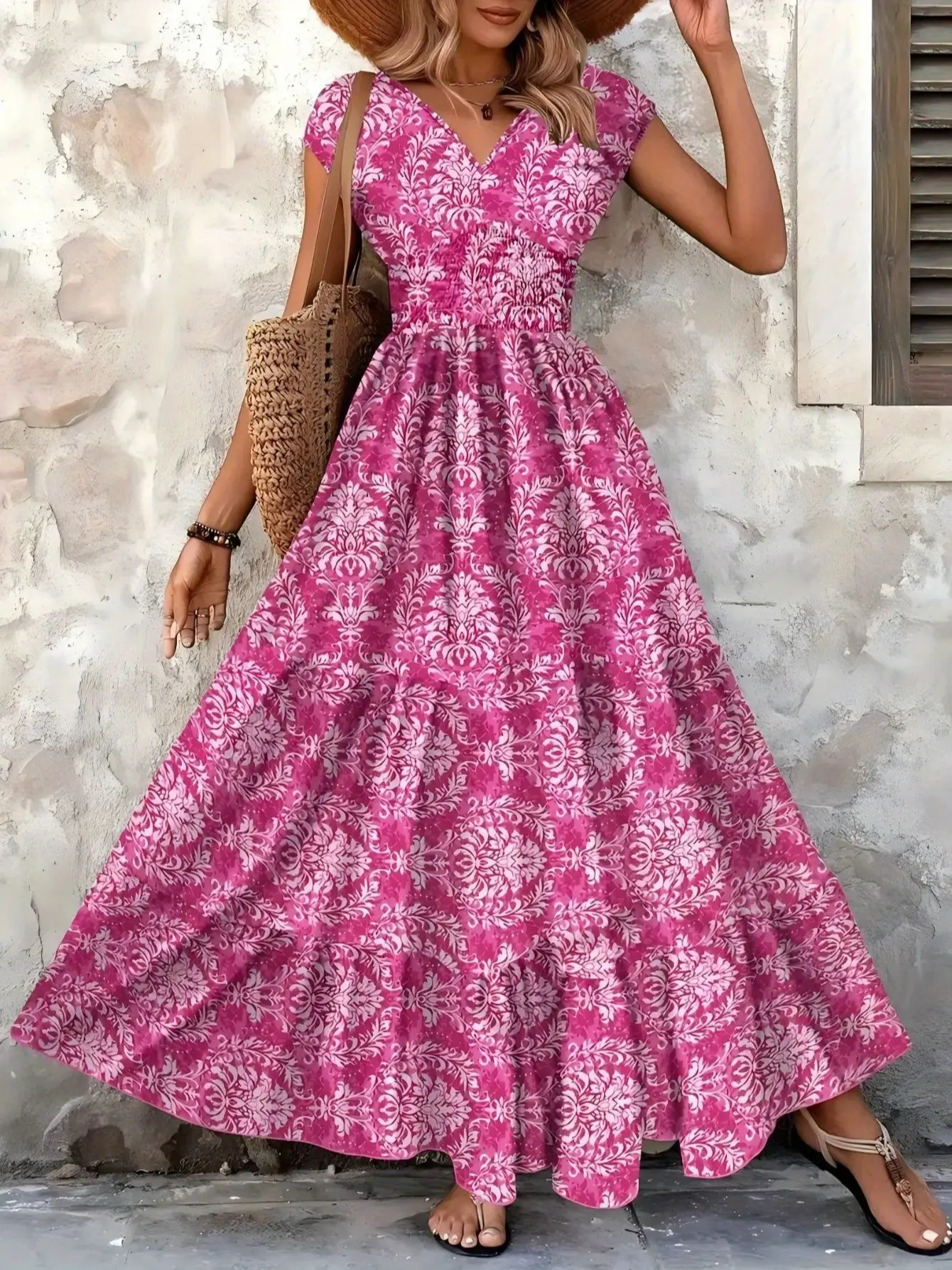 HarSum Women’s V Neck Floral Maxi Dress Short Sleeve Flowy Sundress for Summer Vacation Beach