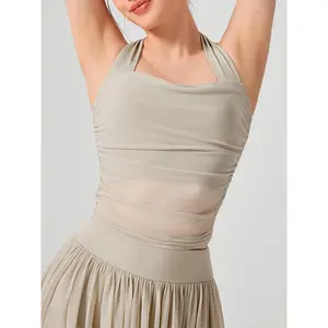 BERLOOK Women's Sleeveless Apricot Halter Neck Ruched Mesh Cropped Sports Bra, Minimalist Basic Light Chic Nylon Fabric, Casual Everyday Style Clothes for Bottom Pairing