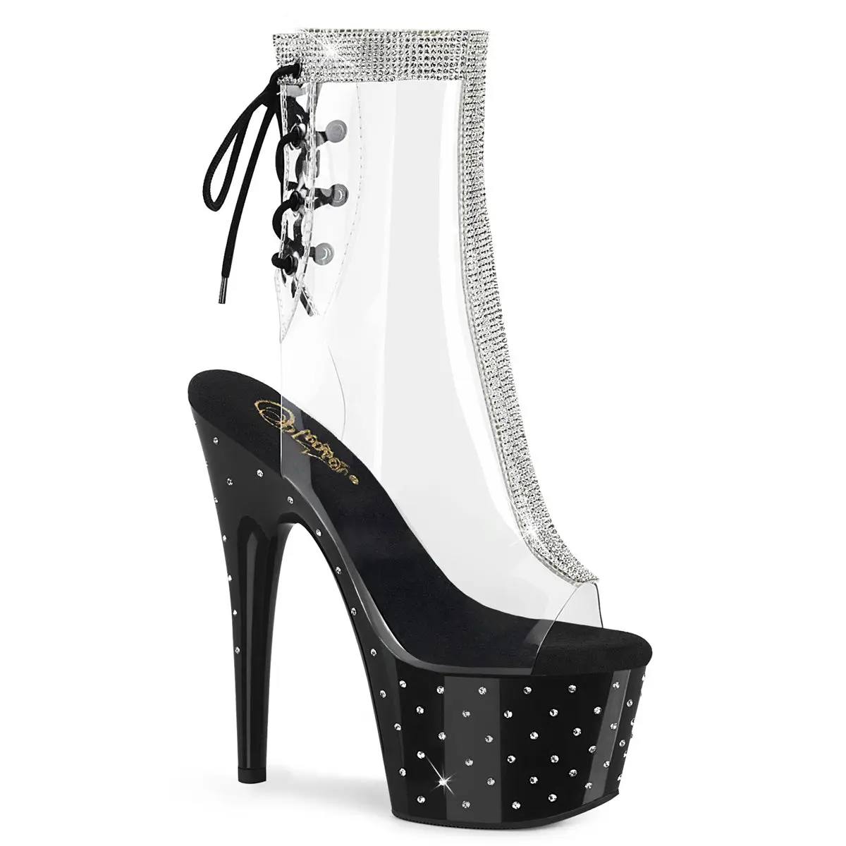 Women's Elegant Peep Toe Lace-Up Platform Boots - STARDUST-1018C-2RS Model, 7in Stiletto Heel, Clear-Black, Zip, Rhinestone-Studded, Lightweight, for Pole Dancing, Showgirls, Exotic Performances