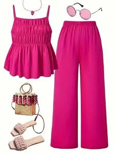 Summer Elegant Vacation Style Chic Halter Top with Wide Leg Pants Set, Perfect for Vacations and Sister Matching